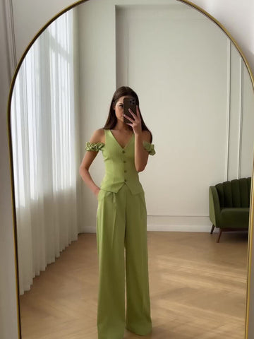 2024 Women's Commuting High-Waist Trend Solid Color Short-Sleeved Leisure Two Sets Of Women